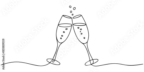 One line champagne toast. Continuous linear couple wine glasses clink. Wedding party cheers. Minimalist new year celebration vector concept, Two clinking champagne glasses one line design. Creative