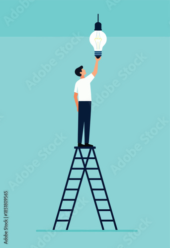 Person on ladder reaches for a lit lightbulb