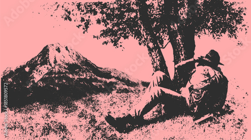 Man sitting under a tree with a mountain landscape in the background. Vintage pink and brown vector illustration.