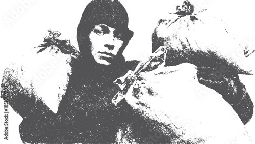 Portrait of a person holding sacks. Black and white vector illustration with a poignant expression and historical style.