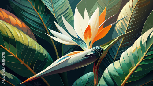 Very beautiful close-up of a giant white bird of paradise blossom, showcasing exotic Strelitzia nicolai petals and leaf textures with dramatic scale, refined detail, and tropical botanical elegance.