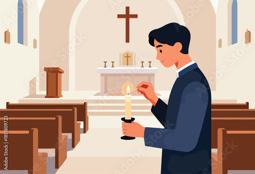A person lighting a candle in a church