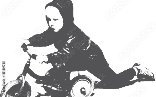 Boy riding a tricycle in a black hoodie. A dynamic illustration capturing movement and playful energy in a casual outdoor setting. Vector set.