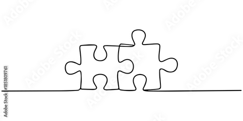 Two connected puzzles line art jigsaw pieces continuous one line drawing. Puzzles icon single line art. Vector illustration, Continuous one line drawing of two pieces of jigsaw on white background.