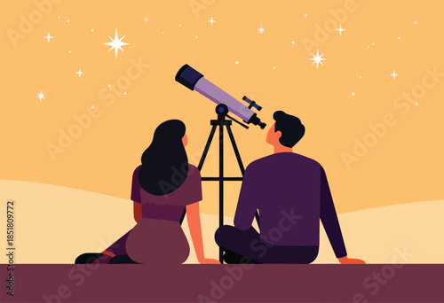 Couple gazes at starry night sky through telescope