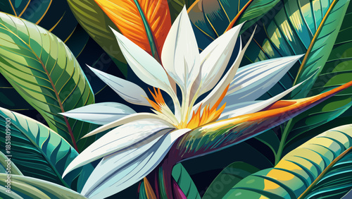 Very beautiful close-up of a giant white bird of paradise blossom, showcasing exotic Strelitzia nicolai petals and leaf textures with dramatic scale, refined detail, and tropical botanical elegance.