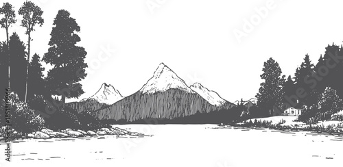 Landscape illustration featuring mountains and a lake, surrounded by trees. Black and white vector illustration depicting a serene outdoor scene.