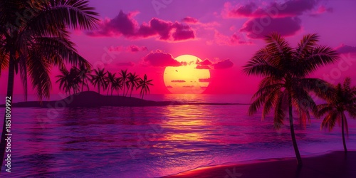 Tropical sunset on a serene beach with palm trees
