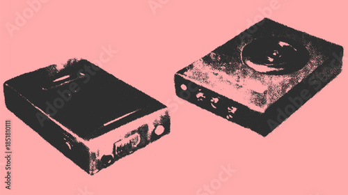 Modern electronic device in black and pink colors. Flat vector illustration showcasing a vintage audio utility set.