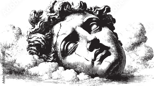 Engraving of a head sculptural figure with detailed texture. Black and white classic illustration with surreal clouds in the background for a timeless vector set.