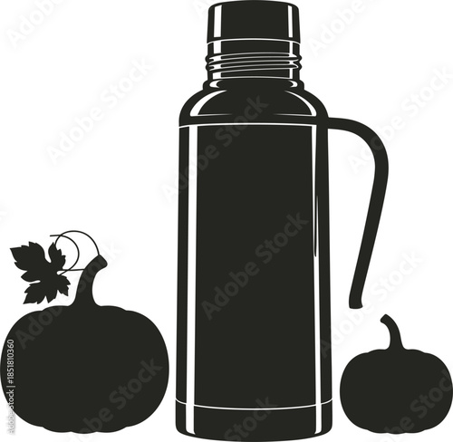 Silhouette of a Thermos Bottle with Two Pumpkins hot drink cold drink