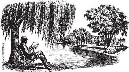A seated man reading a book under a tree. Vintage black and white vector illustration in a serene outdoor setting by a river.