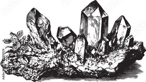 Crystal rock in black and white vector illustration. Natural mineral formation is depicted with botanical elements for a textured visual effect.