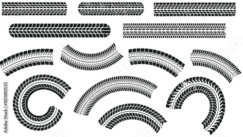 Collection of various tire tracks and tread patterns on a white background
