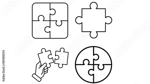 Four puzzle pieces are shown in various arrangements including a completed square and circle.