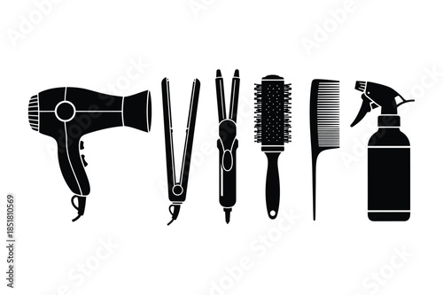 Professional Hair Styling and Salon Tools Silhouette Icon Set
