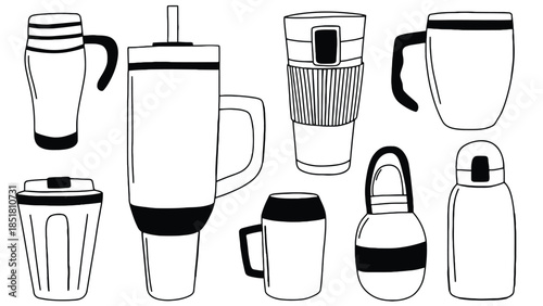 Collection of various insulated mugs and cups for hot or cold beverages.
