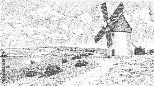 Windmill in a detailed countryside landscape. Black and white vector illustration of a rural field with clouds and rain in the sky.