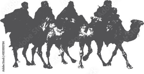 Camel riders in silhouette create a striking scene. Simple black and white vector illustration emphasizing transport and journey themes.