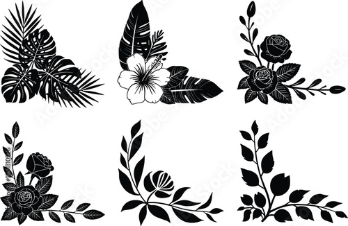 Six black silhouette floral and leaf corner decorative elements vector illustration