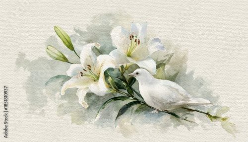Watercolor funeral memorial card with white lily flowers and peaceful white dove on textured paper