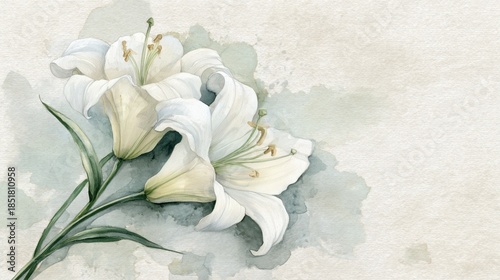 Watercolor funeral memorial card with white lily flowers and peaceful white dove on textured paper