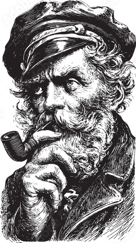 Man with a beard, holding a pipe. Detailed black and white vector illustration in a classic style.