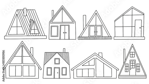 Collection of various A-frame house architectural designs shown in black and white.