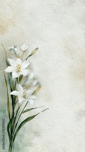 Watercolor funeral memorial card with white lily flowers and peaceful white dove on textured paper