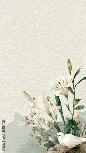 Watercolor funeral memorial card with white lily flowers and peaceful white dove on textured paper