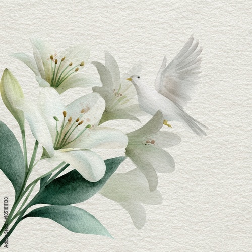 Watercolor funeral memorial card with white lily flowers and peaceful white dove on textured paper