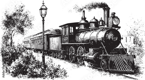 Vintage steam train locomotive illustration in black and white style. Classic railway transport vector illustration set in an outdoor scenic landscape.