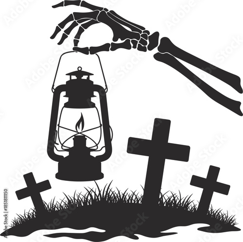 Skeleton hand holding lantern in graveyard with crosses on white background cemetery