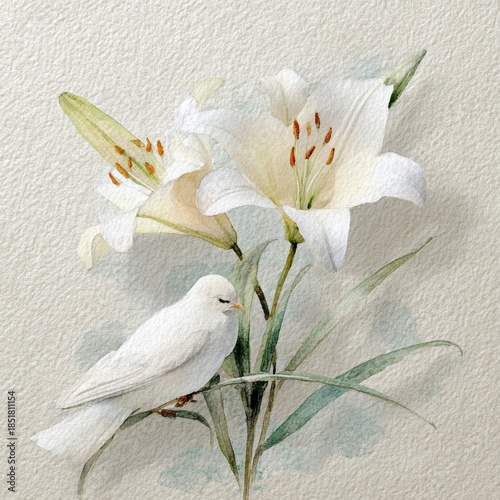 Watercolor funeral memorial card with white lily flowers and peaceful white dove on textured paper
