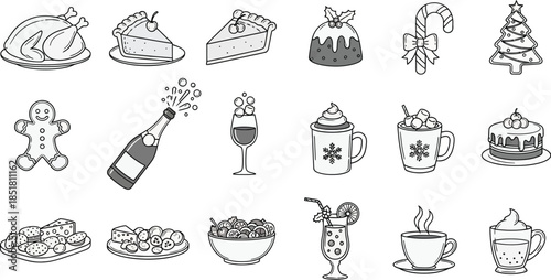Holiday food and drink icons for festive celebrations and parties