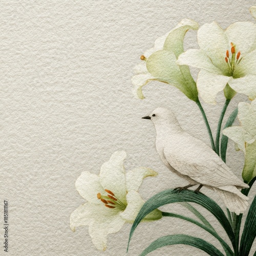 Watercolor funeral memorial card with white lily flowers and peaceful white dove on textured paper