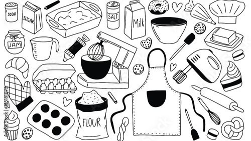 A collection of baking ingredients and tools are scattered across the image.