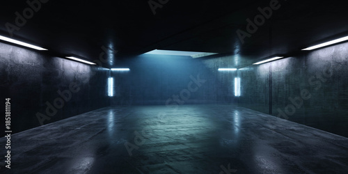 Fototapeta Naklejka Na Ścianę i Meble -  Cyber Futuristic Underground Basement Center Sci Fi Laser Neon Glowing VIbrant Concrete Grunge Warehouse Dystopian 3D Rendering