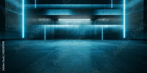 Fototapeta Naklejka Na Ścianę i Meble -  Cyber Futuristic Underground Basement Center Sci Fi Laser Neon Glowing VIbrant Concrete Grunge Warehouse Dystopian 3D Rendering