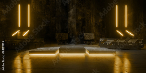 Fototapeta Naklejka Na Ścianę i Meble -  Cyber Futuristic Underground Basement Center Sci Fi Laser Neon Glowing VIbrant Concrete Grunge Warehouse Dystopian 3D Rendering
