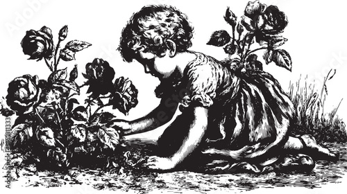 Child tending to a rose bush in a vintage vector illustration. Black and white drawing with classic hand-drawn texture, showcasing botanical elements in a serene set.