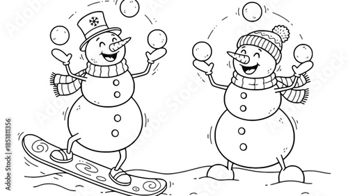 Two cartoon snowmen juggling balls in the snow