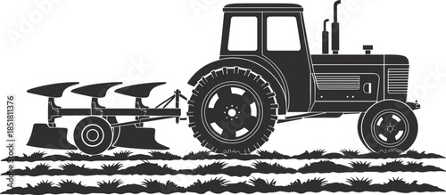 Tractor with plow working in a field on white background farming agriculture
