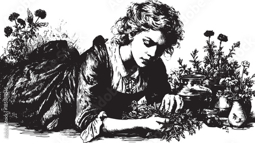 A woman gathering herbs in a forest clearing. Detailed vector illustration showcasing nature and botanical elements.