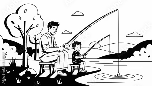 Father and Son Enjoying a Peaceful Fishing Trip Together.