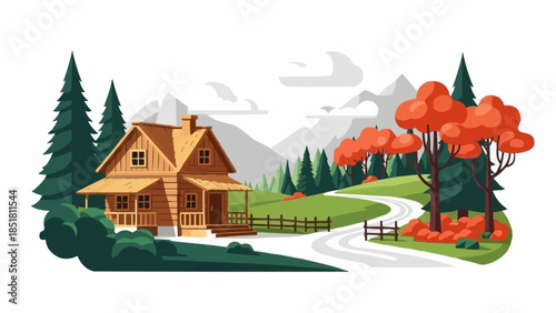 Cozy Wooden Cabin Nestled in a Picturesque Autumn Landscape.