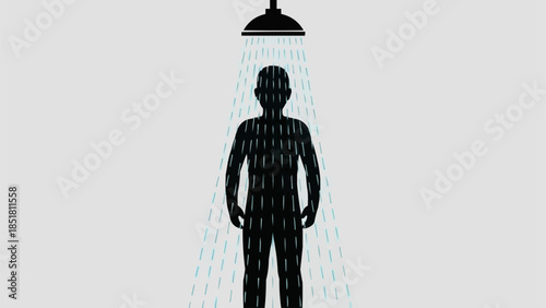 Silhouette of a person taking a shower under a shower head.