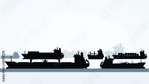 Silhouette of cargo ships at sea during the day.