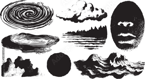 Abstract black brushstroke swirls and squiggles hand-drawn with unique texture. This set of vector illustrations captures creativity and movement.