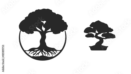 Vector illustration of a nature tree silhouette with green leaf design for a world map art card